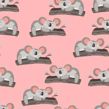 Seamless pattern with cute koala baby on color background. Funny australian Illustrazione stock