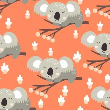Seamless pattern with cute koala baby on color background. Funny australian Stock Illustration