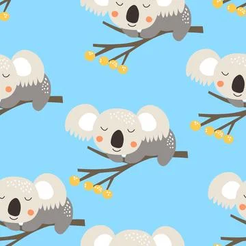 Seamless pattern with cute koala baby on color background. Funny australian Illustrazione stock