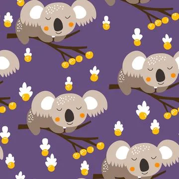 Seamless pattern with cute koala baby on color background. Funny australian イラスト素材