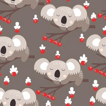 Seamless pattern with cute koala baby on color background. Funny australian Illustrazione stock