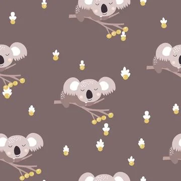 Seamless pattern with cute koala baby on color background. Funny australian Illustrazione stock