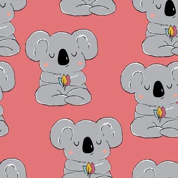 Seamless pattern with cute koala baby on color background. Funny australian 스톡 일러스트
