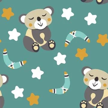 Seamless pattern with cute koala, bear baby on color background. Funny Stock Illustration