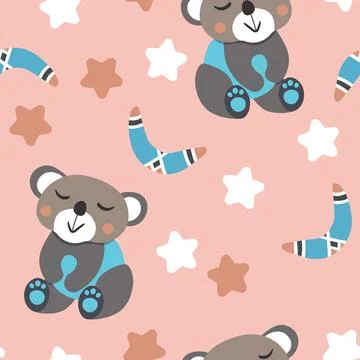 Seamless pattern with cute koala, bear baby on color background. Funny Stock Illustration