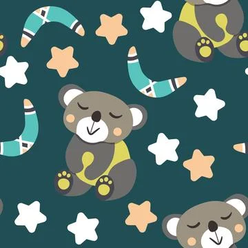 Seamless pattern with cute koala, bear baby on color background. Funny Stockillustratie