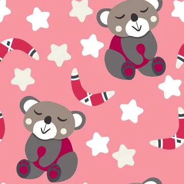 Seamless pattern with cute koala, bear baby on color background. Funny Illustrazione stock