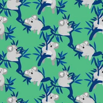 Seamless pattern with cute koala bears on eucalyptus tree. Stock Illustration