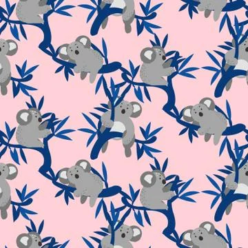 Seamless pattern with cute koala bears on eucalyptus tree. Illustrazione stock