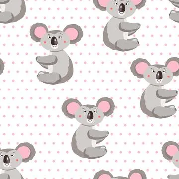 Seamless pattern with cute koala on white polka dots background. Funny 库存插图