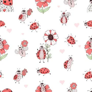 Seamless pattern with cute ladybug. Characters insects ladybird with flower.. 스톡 일러스트