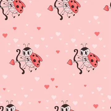 Seamless pattern with cute ladybug. Cupid insect ladybird with an arrow on .. Stock Illustration