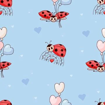 Seamless pattern with cute ladybug on rainbow and with balloons on light bl.. イラスト素材