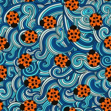 Seamless pattern with cute ladybugs and curly abstract line elements. Vector イラスト素材