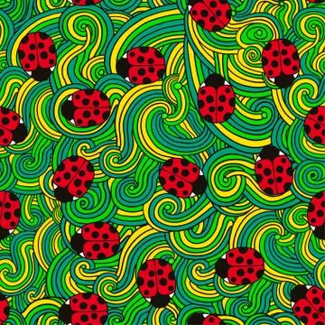 Seamless pattern with cute ladybugs and curly abstract line elements. Vector 스톡 일러스트