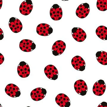 Seamless pattern with cute ladybugs and curly abstract line elements. Vector Stock Illustration