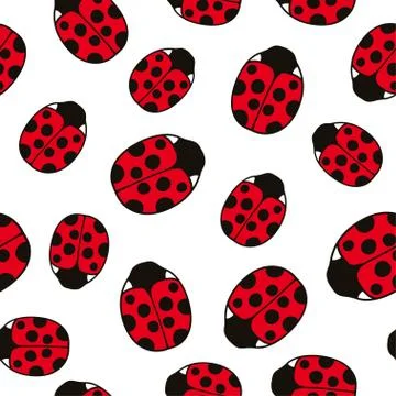 Seamless pattern with cute ladybugs and curly abstract line elements. Vector イラスト素材
