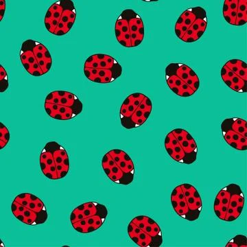 Seamless pattern with cute ladybugs and curly abstract line elements. Vector 스톡 일러스트