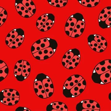 Seamless pattern with cute ladybugs and curly abstract line elements. Vector 스톡 일러스트