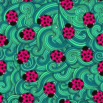 Seamless pattern with cute ladybugs and curly abstract line elements. Vector Stockillustratie