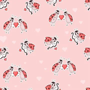 Seamless pattern with cute ladybugs. Cupid insect with an arrow and couple .. Stock Illustration