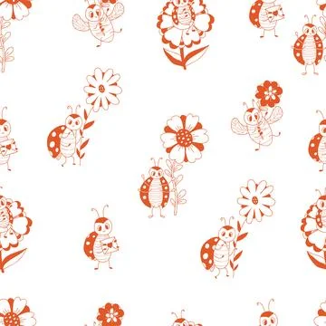 Seamless pattern with cute ladybugs with flowers and love letter on white b.. Stock Illustration