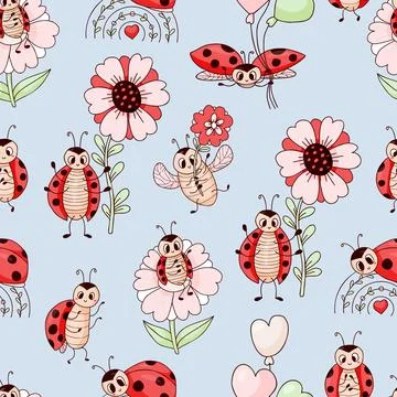 Seamless pattern with cute ladybugs with flowers, rainbow and balloons on l.. イラスト素材