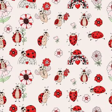 Seamless pattern with cute ladybugs with flowers and rainbow on light background Stock Illustration
