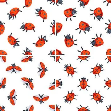 Seamless pattern with cute ladybugs flying and walking on white background Illustrazione stock