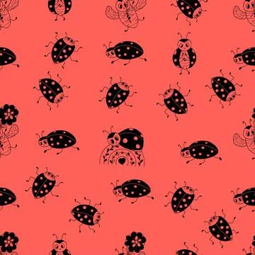 Seamless pattern with cute ladybugs on light red background. Vector illustr.. Stock Illustration