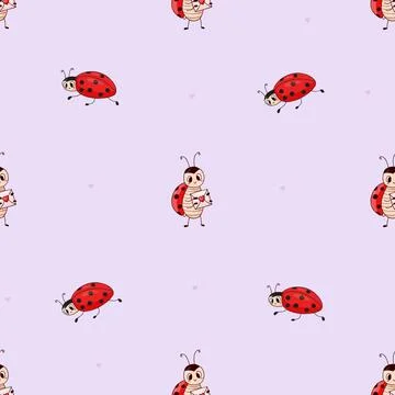 Seamless pattern with cute ladybugs with love letter on purple background. .. Illustrazione stock