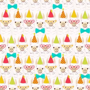 Seamless pattern with cute Lamas in party caps. Vector illustration Illustrazione stock