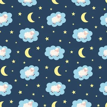 Seamless pattern with cute lambs in clouds, stars and moon on dark blue bac.. イラスト素材