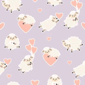 Seamless pattern with cute lambs on light purple background with hearts. Ve.. Stock Illustration