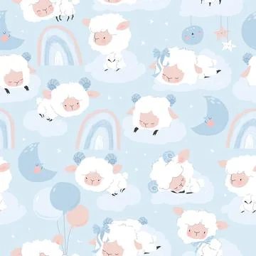 Seamless Pattern with Cute Lambs sleeping on Clouds Stock Illustration