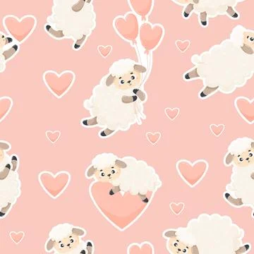 Seamless pattern with cute lambs on soft pink background with hearts. Vecto.. イラスト素材