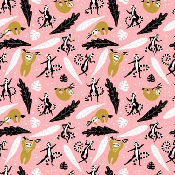 Seamless pattern with cute lemurs and sloths Stock Illustration