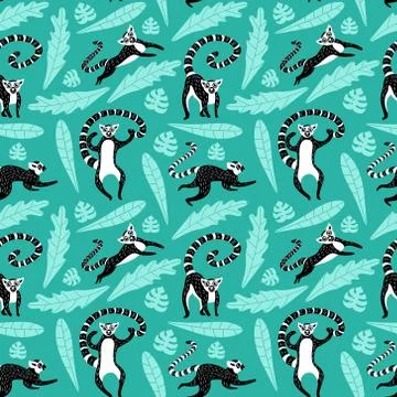 Seamless pattern with cute lemurs and leaves Stock Illustration
