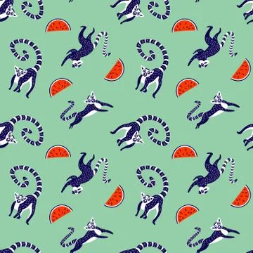 Seamless pattern with cute lemurs and watermelon Stock Illustration
