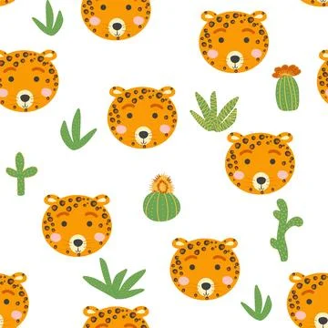 Seamless pattern with cute leopard animal faces. Illustration in boho style,  Illustrazione stock