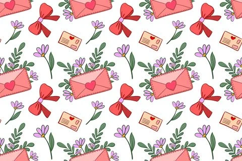 Seamless pattern with cute letter with a heart surrounded by flowers. Flat Stock Illustration