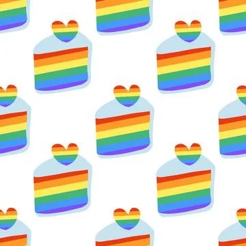 Seamless Pattern with Cute LGBT Cake slice and rainbow cream Stock Illustration
