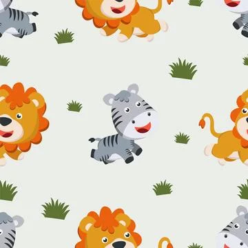 Seamless pattern of cute lion and zebra in the jungle. Stock Illustration