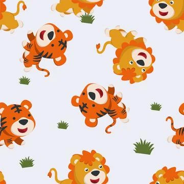 Seamless pattern of cute lion and bear in the jungle. Stock Illustration
