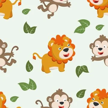 Seamless pattern of cute lion and monkey in the jungle. イラスト素材