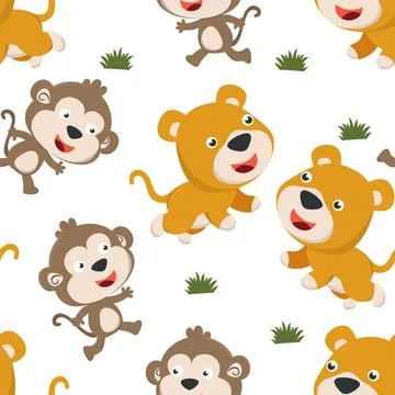 Seamless pattern of cute lion and monkey in the jungle Stock Illustration