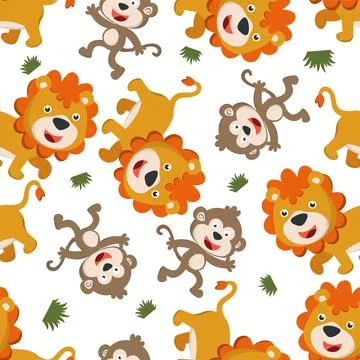 Seamless pattern of cute lion and monkey in the jungle. Stock Illustration