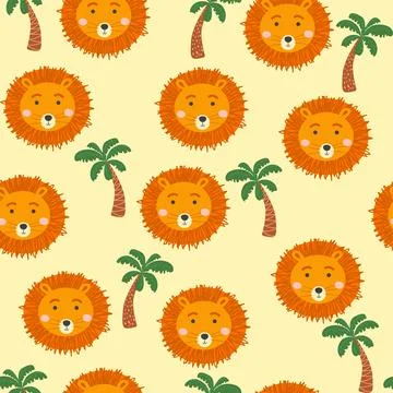 Seamless pattern with cute lion animal faces. Illustration in boho style, dre Illustrazione stock