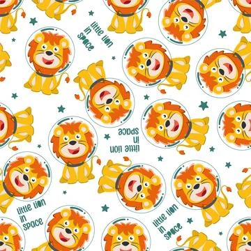 Seamless pattern of cute lion astronaut exploring the red planet. Stock Illustration