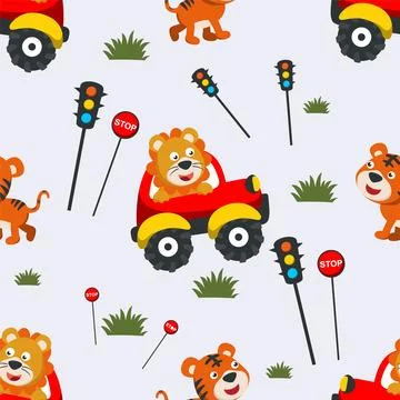 Seamless pattern of Cute lion driving a car go to forest Stock Illustration